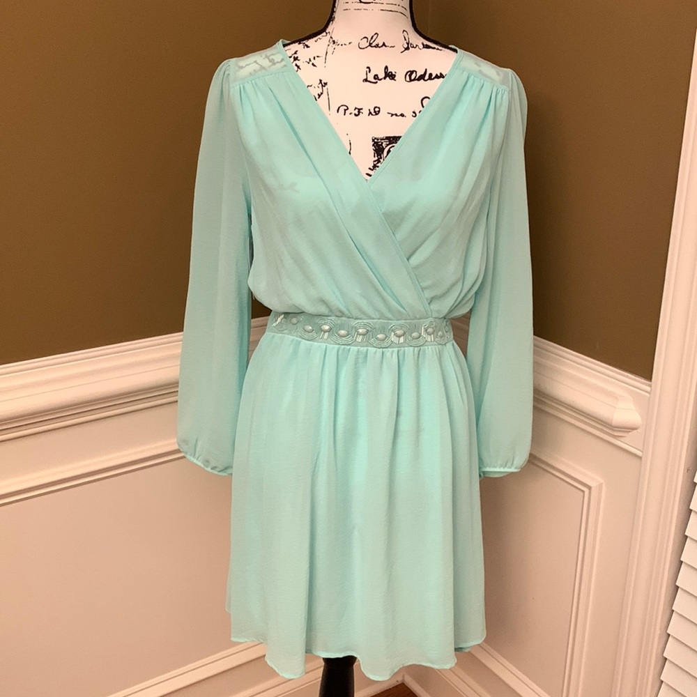 NWT Sheer DressUp mint mini dress with jeweled detail, Medium